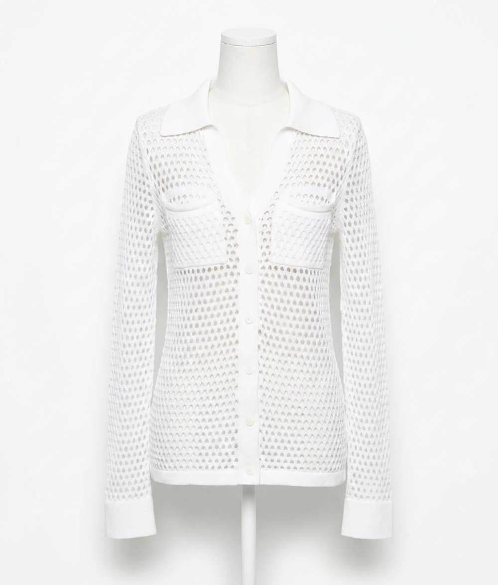 NEW MINNIE ROSE plaited mesh button down top in white/white